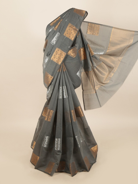 

Pothys Grey & Gold-Toned Woven Design Zari Jute Cotton Saree