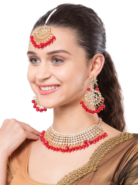 

Shining Diva Gold-Plated White & Red Kundan-Studded Beaded Jewellery Set