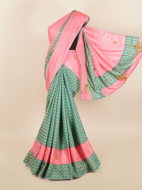 

Pothys Pink & Green Checked Beads and Stones Jute Silk Saree