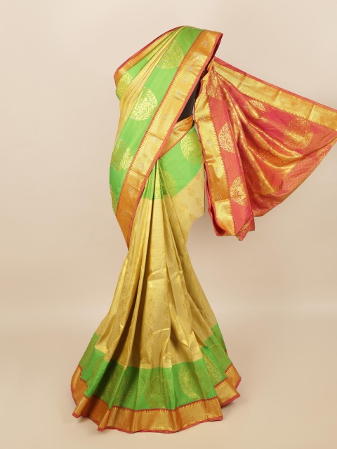 

Pothys Cream-Coloured & Green Woven Design Zari Silk Blend Saree