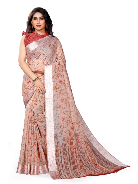 

KALINI Peach-Coloured & Red Floral Bagh Saree