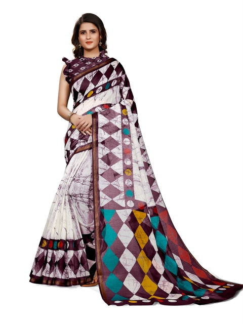 

KALINI White & Purple Zari Block Print Saree