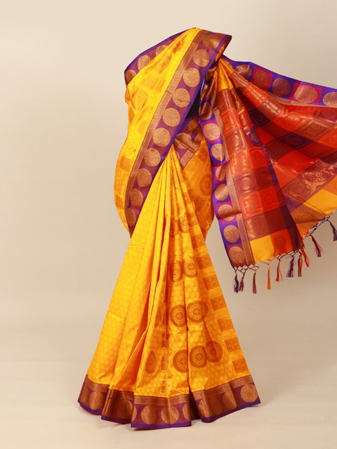 

Pothys Yellow & Purple Ethnic Motifs Art Silk Saree