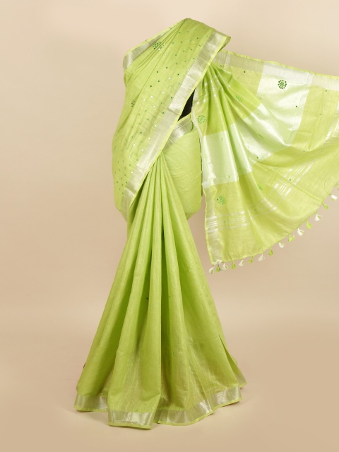 

Pothys Green & Silver-Toned Mirror Work Linen Blend Saree