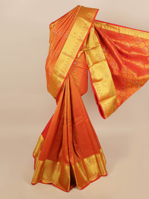 

Pothys Red & Gold-Toned Woven Design Silk Blend Saree