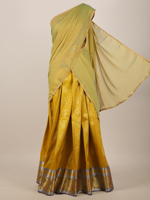 

Pothys Green & Mustard Yellow Paisley Woven Design Half Saree