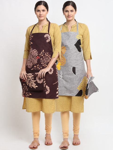 

NEUDIS Pack Of 2 Brown & Grey Printed 210 TC Apron With Napkin