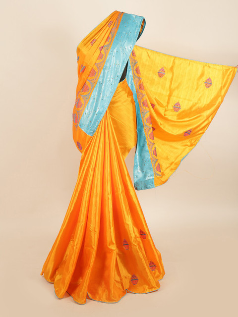 

Pothys Orange & Blue Ethnic Motifs Embroidered Jute Silk Saree