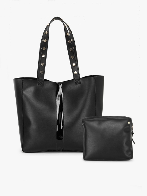 

yelloe Black PU Shopper Tote Bag with Tasselled