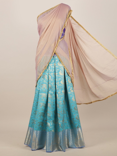 

Pothys Cream-Coloured & Blue Ethnic Motifs Half & Half Saree