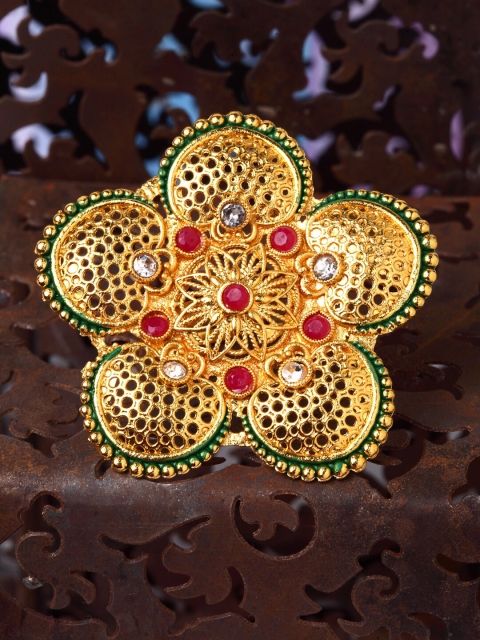 

Shining Diva Gold-Plated Pink & Green Stone-Studded Meenakari Traditional Adjustable Finger Ring