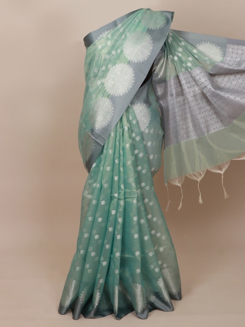 

Pothys Sea Green & Silver-Toned Woven Design Tissue Saree