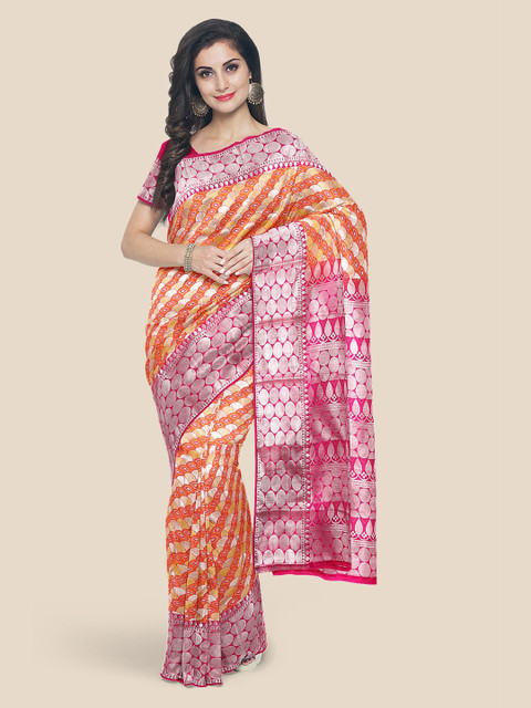 

Kalamandir Women Orange & Silver Woven Design Kanjeevaram Saree