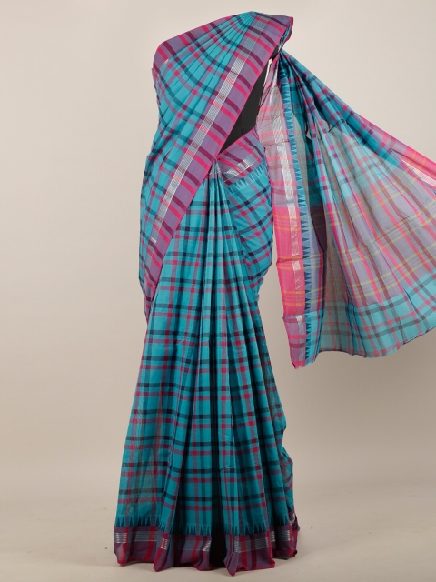 

Pothys Blue & Pink Checked Jaali Pure Cotton Saree