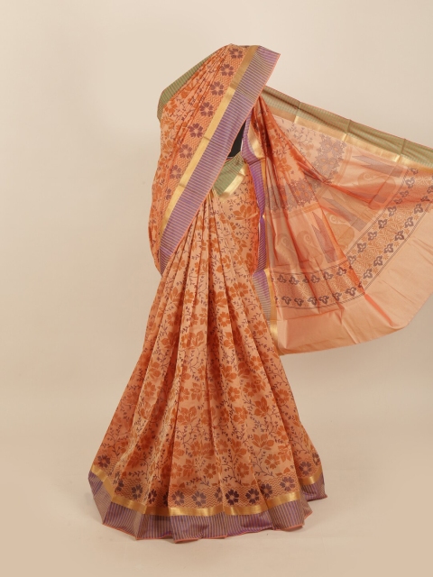 

Pothys Peach-Coloured & Purple Floral Silk Cotton Saree