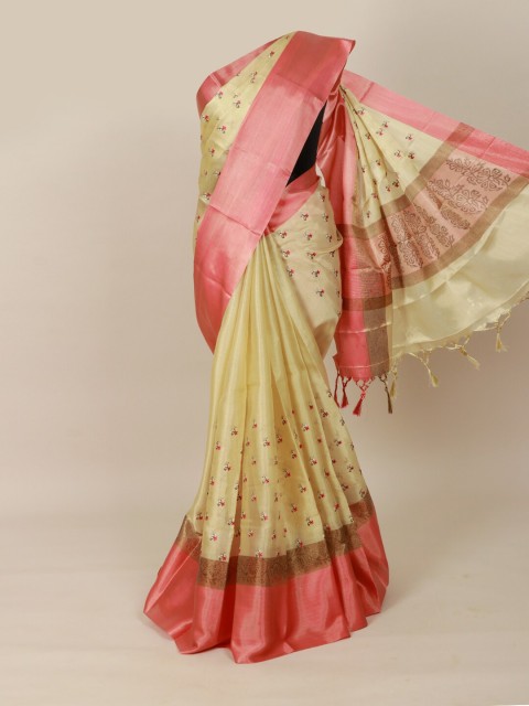 

Pothys Cream-Coloured & Pink Floral Embroidered Tissue Saree