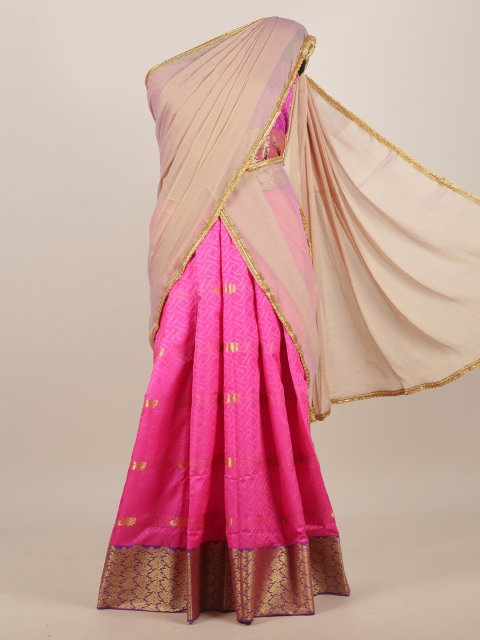 

Pothys Cream-Coloured & Pink Woven Design Half Saree