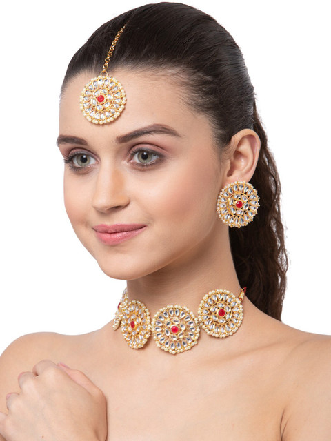 

Shining Diva Gold-Plated Red & White Kundan-Studded Choker Jewellery Set