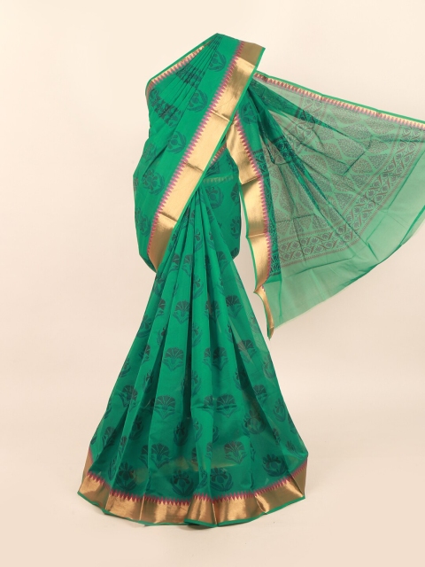 

Pothys Green & Gold-Toned Floral Zari Silk Cotton Saree