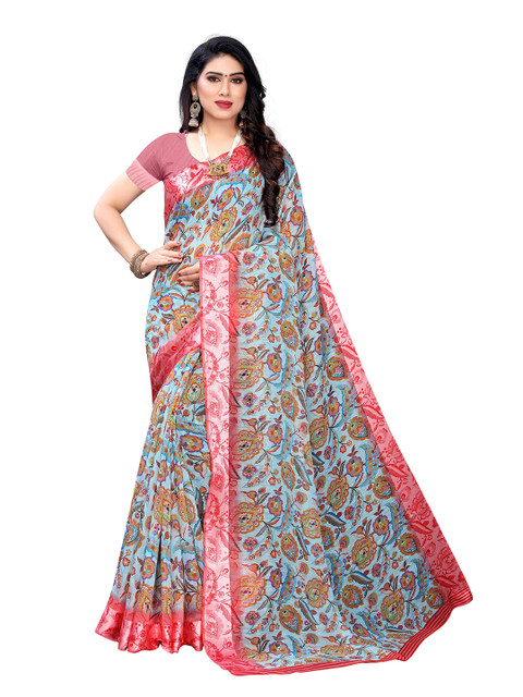 

KALINI Turquoise Blue & Rust Floral Pure Linen Saree