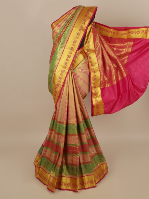 

Pothys Peach-Coloured & Pink Floral Zari Silk Blend Saree