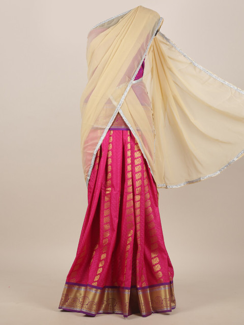 

Pothys Women Cream & Pink Ethnic Motifs Half & Half Saree