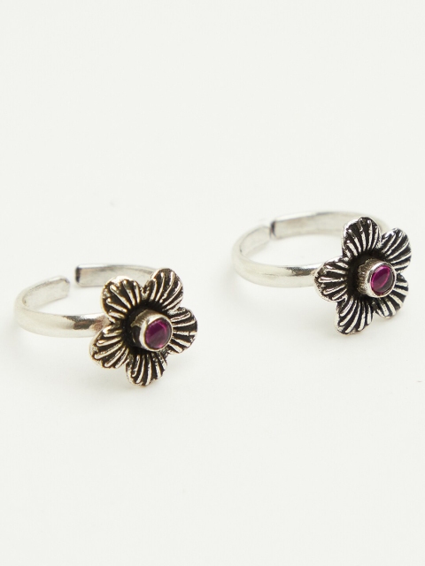 

Fabindia Set Of 2 Silver-Toned & Magenta Pink Stone-Studded Adjustable Toe Rings