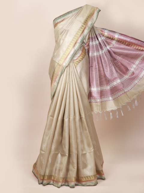 

Pothys Cream-Coloured & Mauve Woven Design Zari Tissue Saree