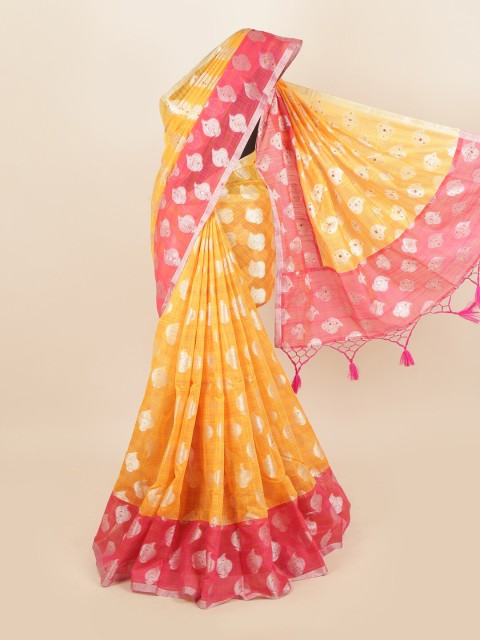 

Pothys Yellow & Pink Woven Design Ethnic Motifs Saree