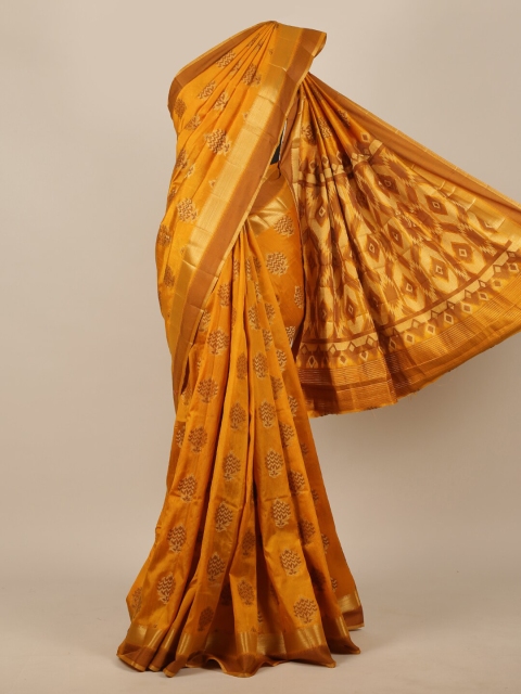 

Pothys Mustard Yellow & Brown Floral Zari Jute Silk Saree