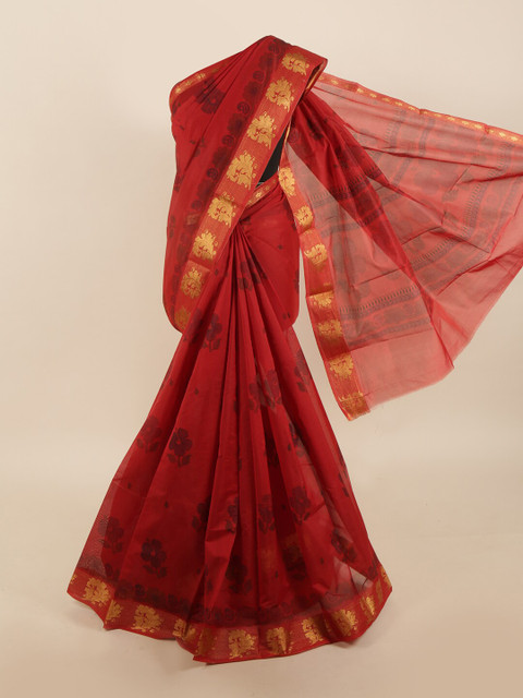 

Pothys Maroon & Gold-Toned Floral Silk Cotton Saree