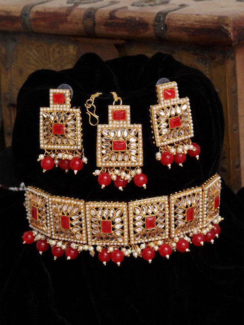 

Shining Diva Gold-Plated & Red Kundan-Studded Choker Jewellery Set