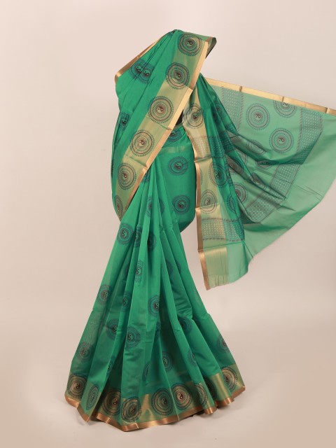 

Pothys Green & Gold-Toned Ethnic Motifs Zari Silk Cotton Saree