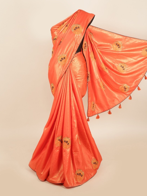 

Pothys Orange & Green Shimmer Silk Floral Embroidered saree
