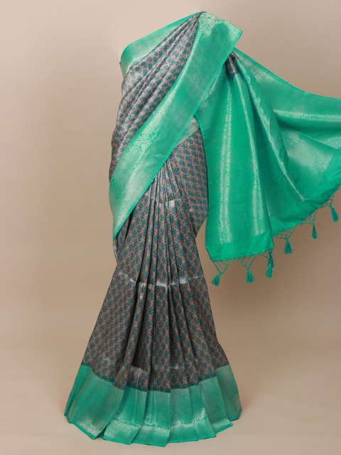 

Pothys Grey & Sea Green Floral Art Silk Banarasi Saree