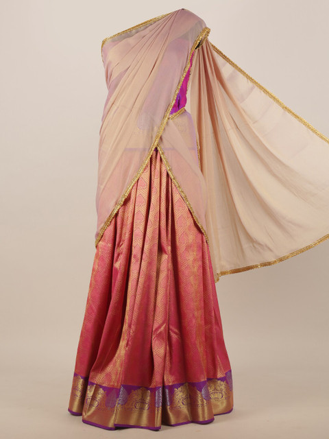 

Pothys Cream-Coloured & Pink Ethnic Motifs Half-Saree Set