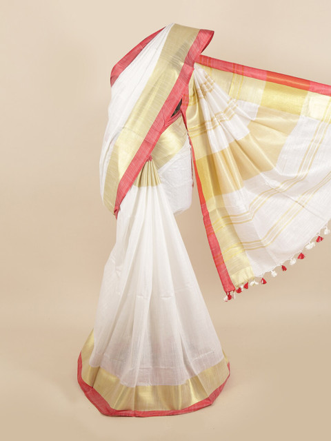 

Pothys White & Gold-Toned Linen Blend Saree