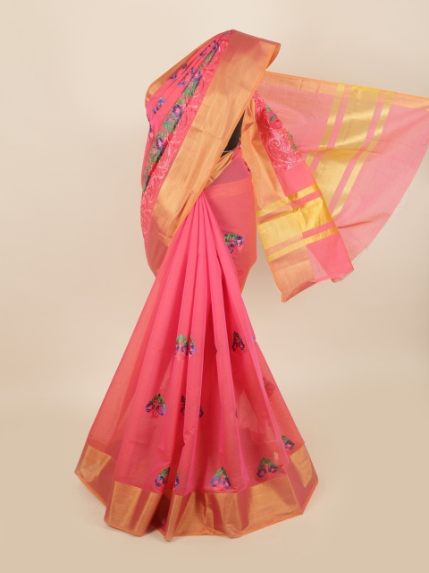 Pothys Pink & Green Floral Silk Cotton Saree