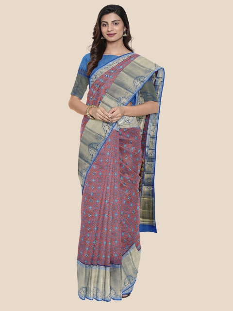 

Kalamandir Women Coral Pink & Blue Geometric Print Saree
