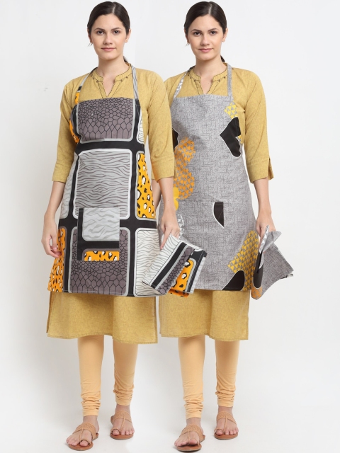 

NEUDIS Set Of 2 Grey Tropical Printed 210TC Apron With Front Centre Pocket & Napkins