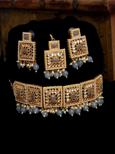 

Shining Diva Gold-Plated Blue & White Kundan-Studded Choker Jewellery Set
