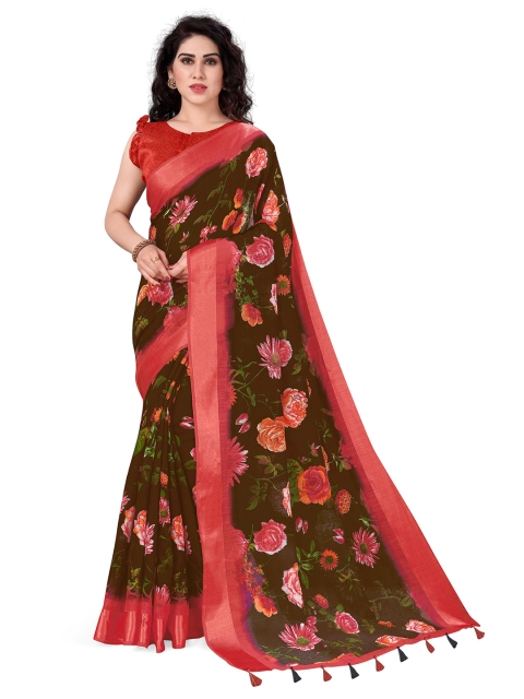 

KALINI Brown & Red Floral Saree