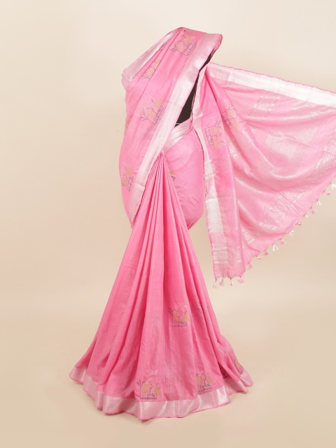

Pothys Pink & Silver Coloured Ethnic Motifs Zari Linen Blend Saree