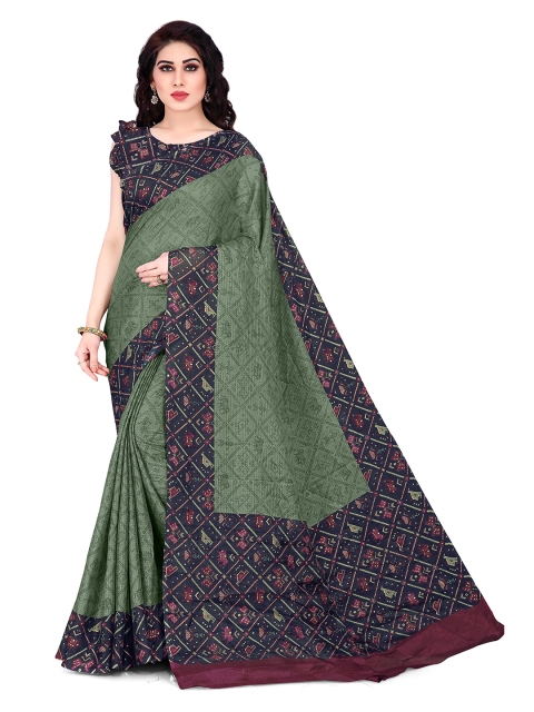 

KALINI Green & Navy Blue Ethnic Motifs Foil Printed Supernet Kota Saree