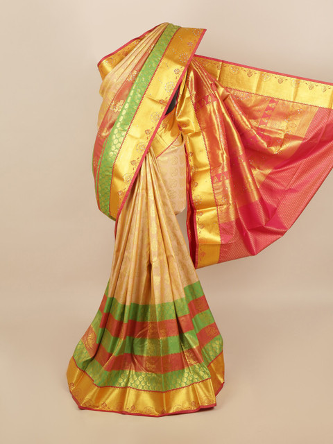 

Pothys Cream-Coloured & Gold Coloured Ethnic Motifs Woven Design Silk Blend Saree