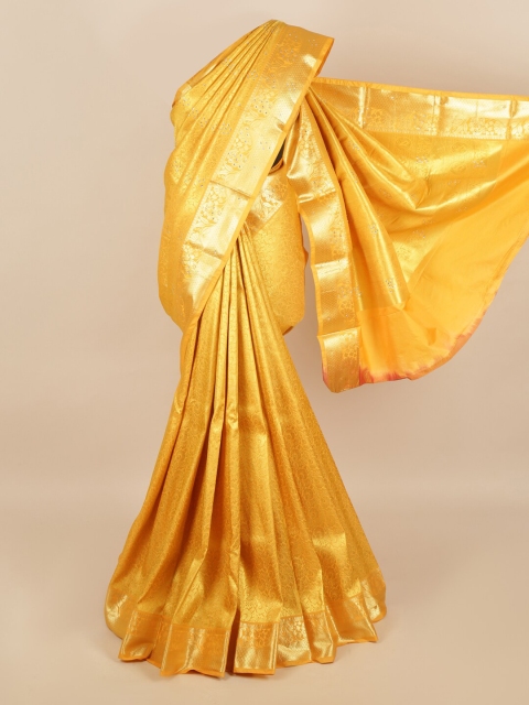 

Pothys Yellow & Gold-Toned Floral Zari Silk Blend Saree