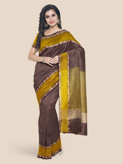 

Kalamandir Brown & Yellow Striped Pure Cotton Mangalagiri Saree