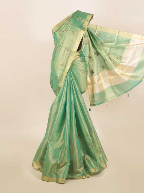 

Pothys Green & Gold-Toned Embellished Zari Tissue Saree