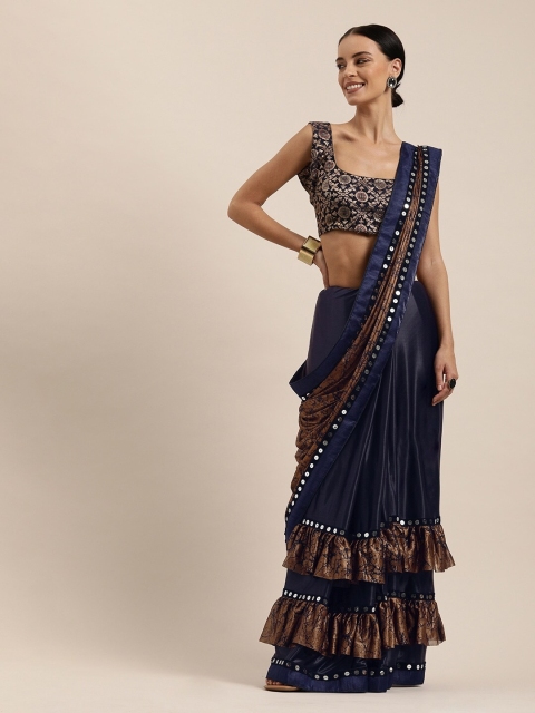 

KALINI Navy Blue & Brown Mirror Work Ruffle Saree