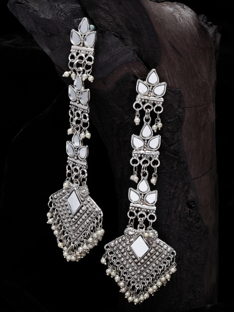 

Moedbuille Silver-Plated Mirrors Studded Design Oxidised Contemporary Drop Earrings